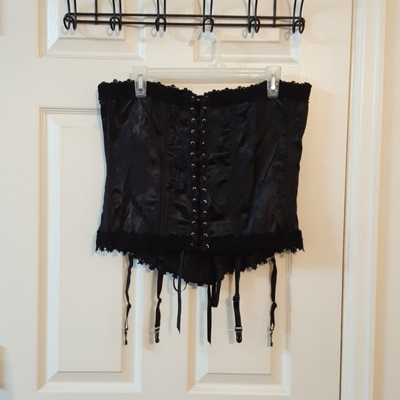 NWOT Laced Up Satin Black Lace Trim Corset Bustier - Picture 1 of 8